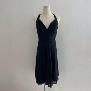 White House Black Market Silk Dress Black LBD Halter Backless Zip Pleat Size 4